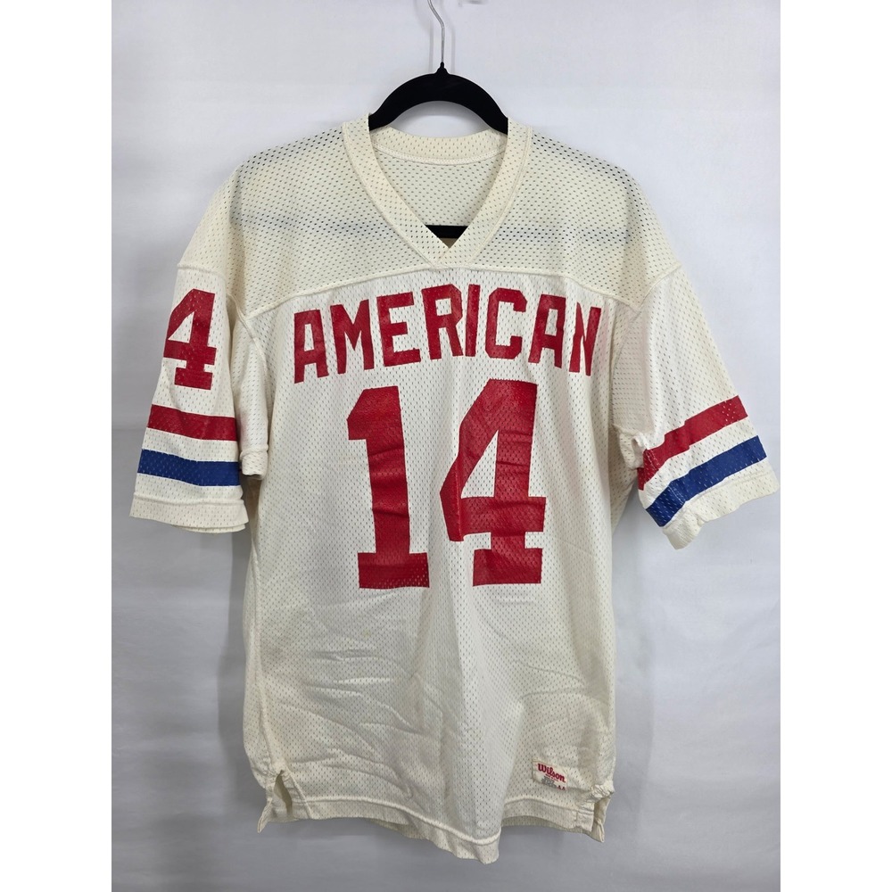 Vintage Wilson American 14 Football Jersey Mesh Cream Red Blue Made in USA L